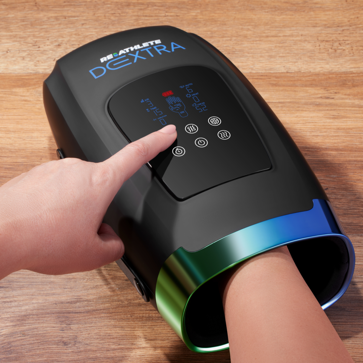 Hand using a device labeled 'Dextra' on a wooden surface