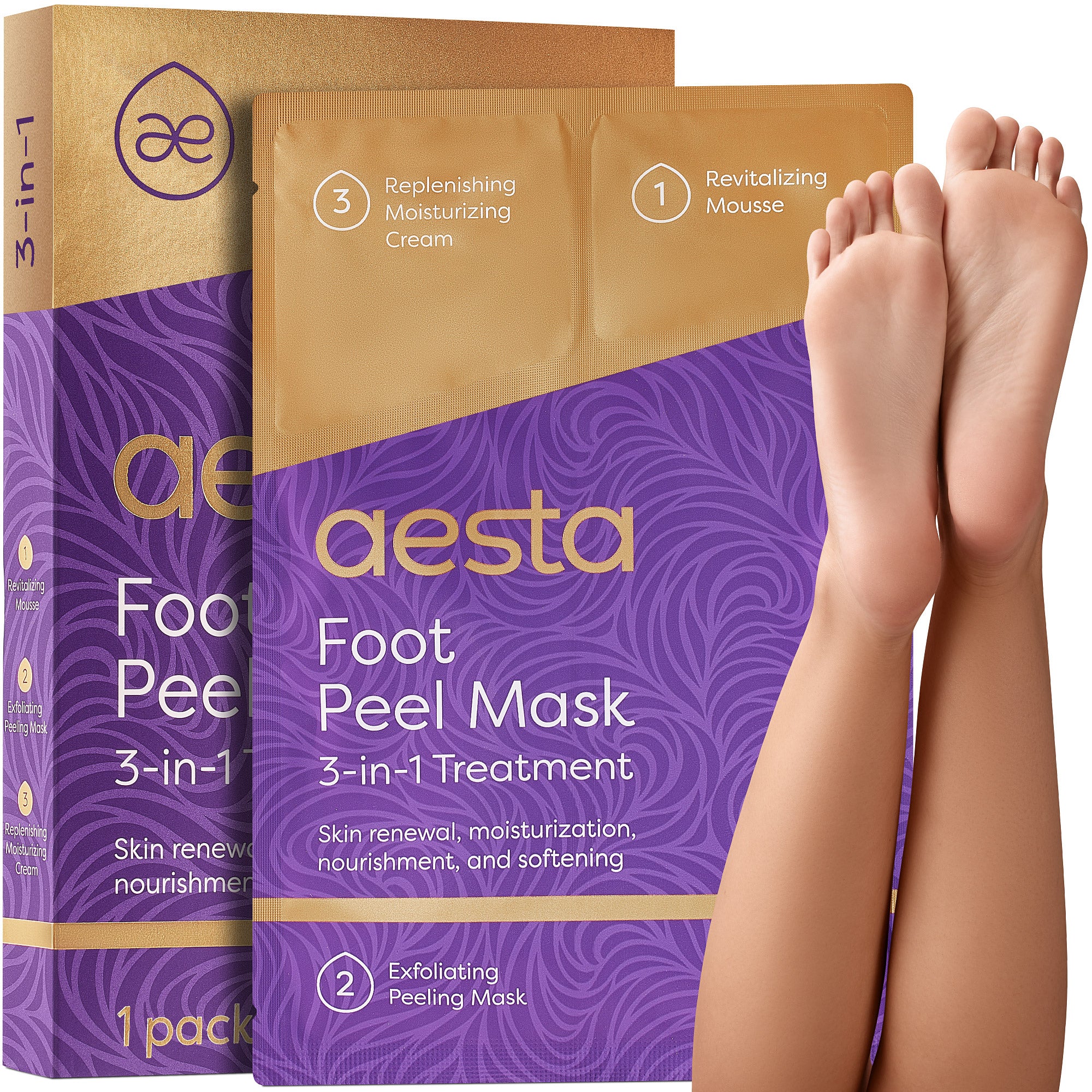 Aesta 3-in-1 Foot Peel Mask, Full-Cycle Foot Care: Revitalizing Mousse + Feet Peeling Mask + Moisturizing Cream | All-Natural Foot Peel Mask for Dry Cracked Feet | Baby Feet Foot Peel Treatment Set