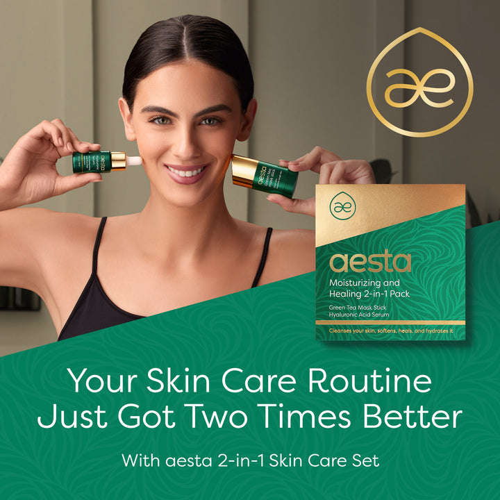 Aesta Green Tea Mask Stick + Hyaluronic Acid Serum for Face Treatment | Gradual Blackhead Remover | Pore-Cleaning, Detoxifying Face Mask, Skin Care Face Serum w/ Anti Aging and Anti Wrinkle Effects