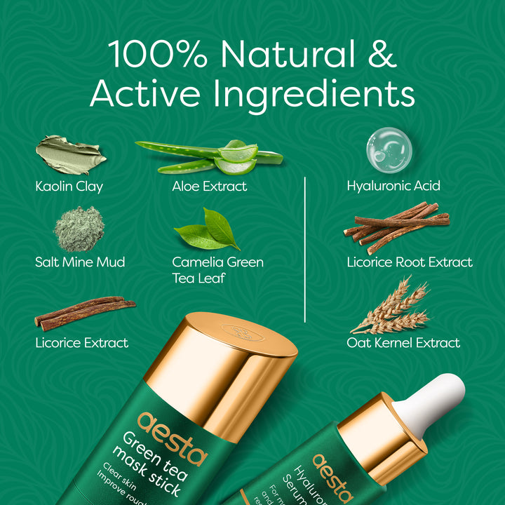 Aesta Green Tea Mask Stick + Hyaluronic Acid Serum for Face Treatment | Gradual Blackhead Remover | Pore-Cleaning, Detoxifying Face Mask, Skin Care Face Serum w/ Anti Aging and Anti Wrinkle Effects