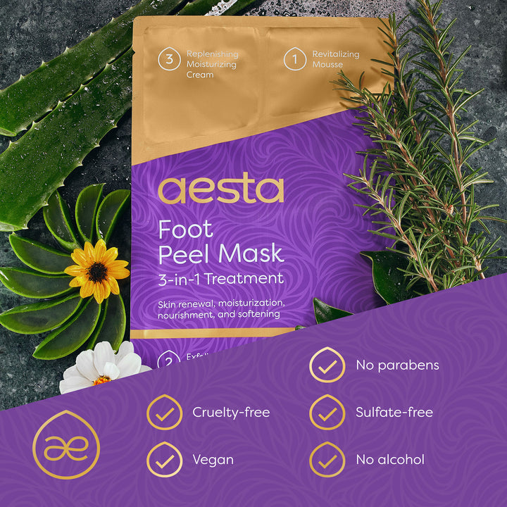 Aesta 3-in-1 Foot Peel Mask, Full-Cycle Foot Care: Revitalizing Mousse + Feet Peeling Mask + Moisturizing Cream | All-Natural Foot Peel Mask for Dry Cracked Feet | Baby Feet Foot Peel Treatment Set